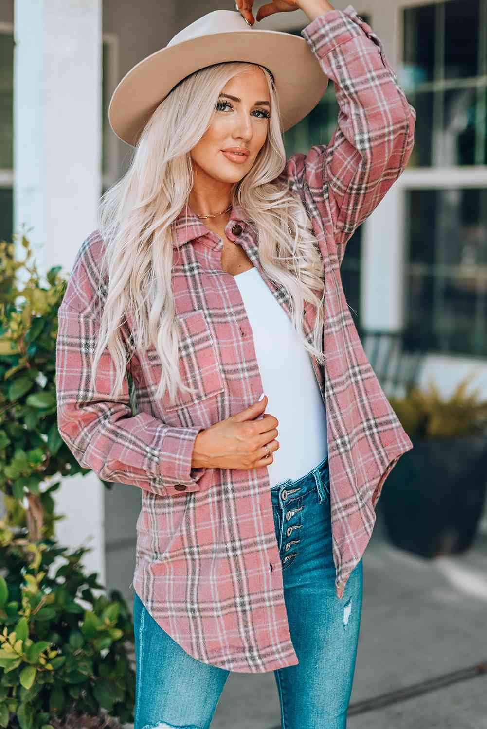 Plaid Curved Hem Dropped Shoulder Longline Shirt Jacket