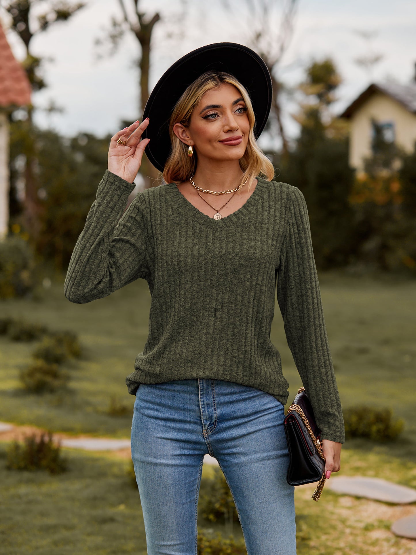 Ribbed V-Neck Long Sleeve