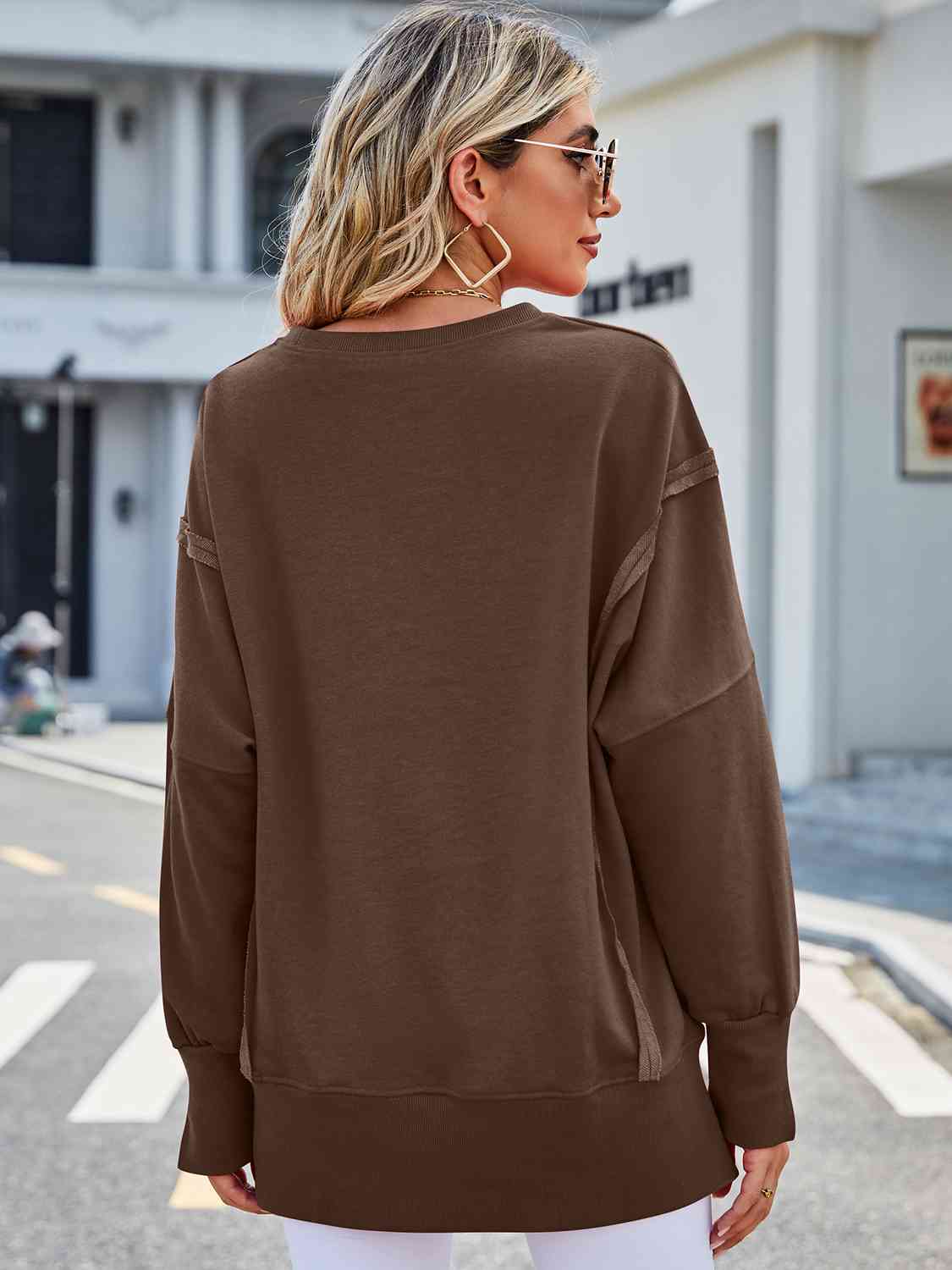 Exposed Seam High-Low Round Neck Sweatshirt