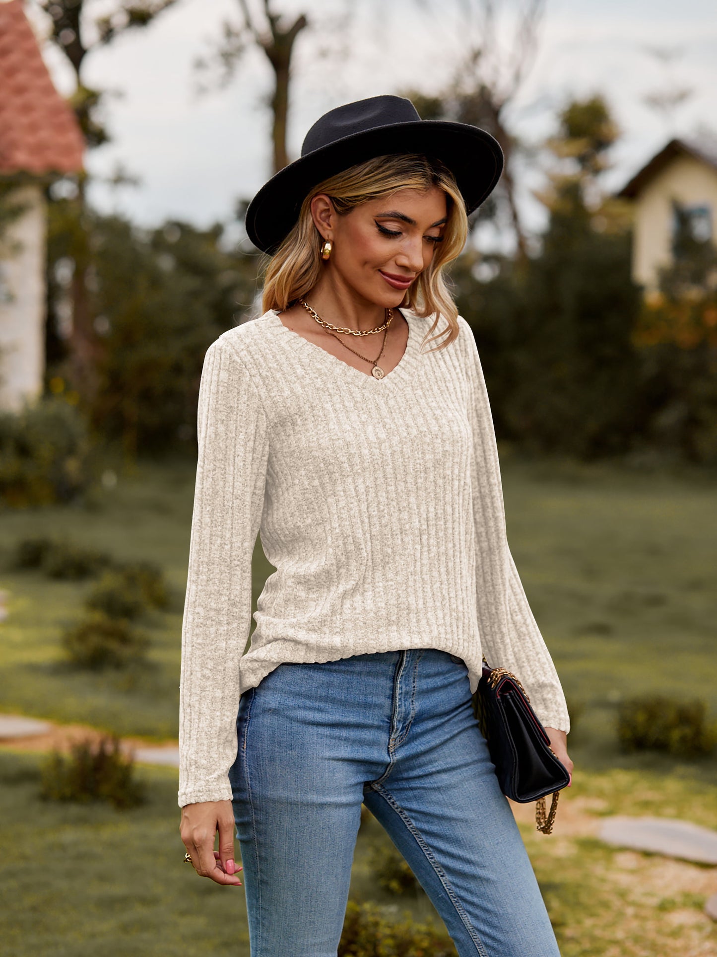 Ribbed V-Neck Long Sleeve