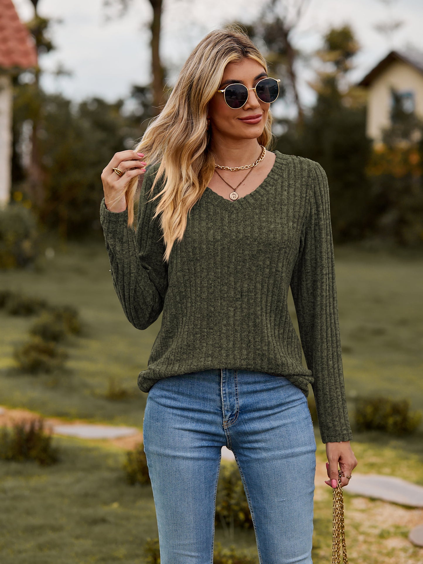 Ribbed V-Neck Long Sleeve