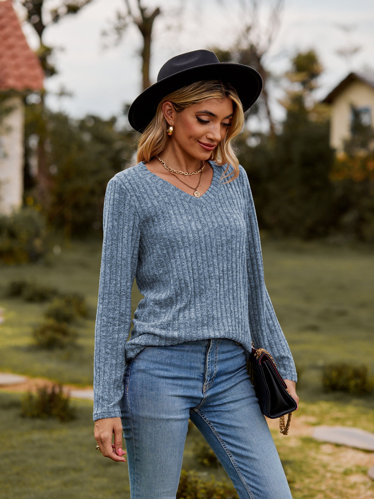 Ribbed V-Neck Long Sleeve