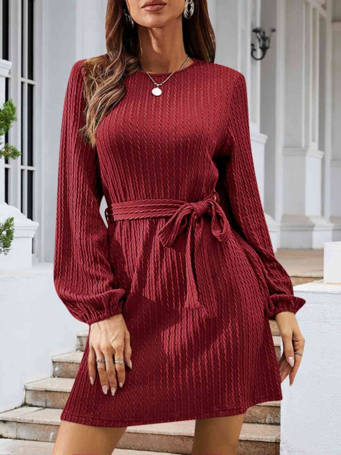 Round Neck Tie Front Long Sleeve Dress