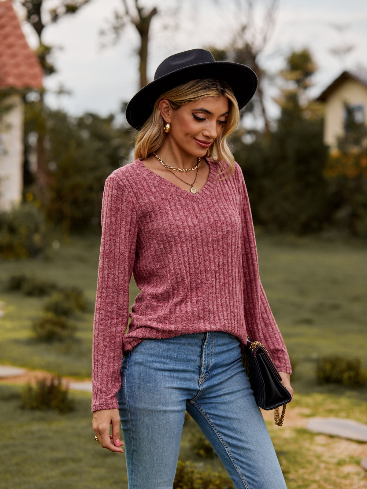 Ribbed V-Neck Long Sleeve