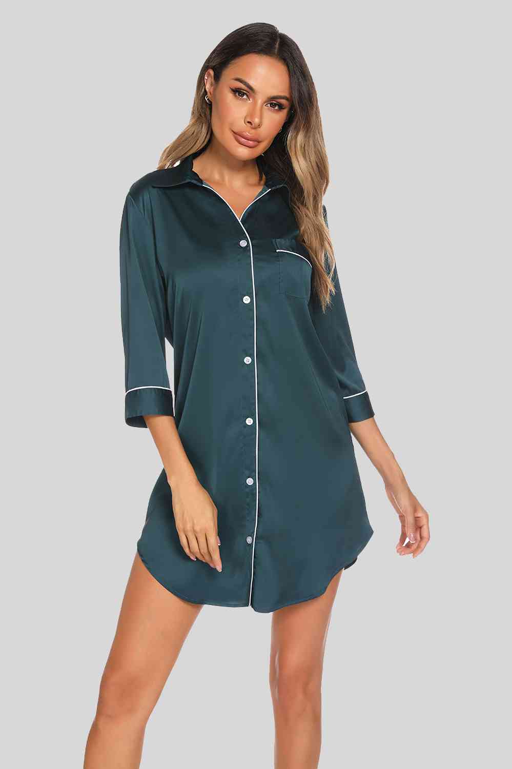 Button Up Collared Neck Night Dress with Pocket